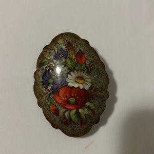 Vintage Black Lacquer Brooch Black Lacquer Pin Hand Painted Flowers